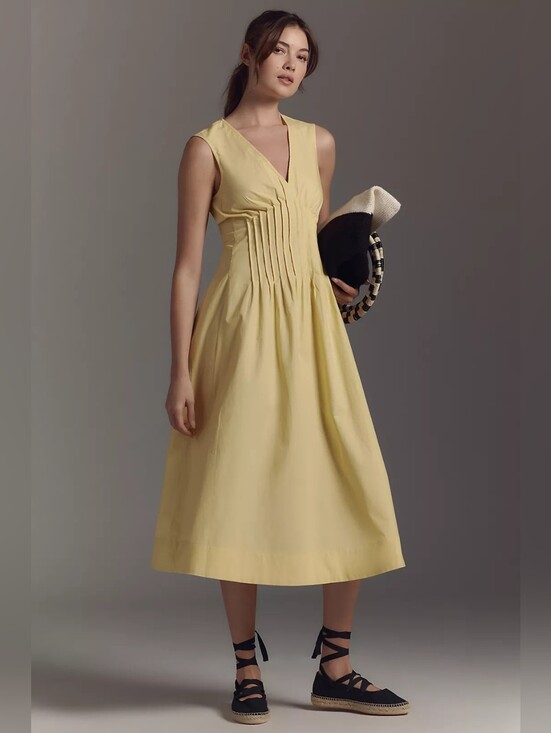 Maeve Dresses & Skirts - NWT Maeve Anthropologie Hailey Sleeveless V-Neck Pintuck Midi Dress Yellow Large
